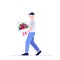 loader man with big beautiful bouquet of flowers .Fast delivery . Courier service .