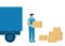 Loader man carries boxes of goods, unloading or loading truck. Work in logistics, shipping. Boxes of goods for import and export.