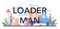 Loader man typographic header. Worker in uniform carrying boxes set.