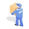 Loader or mover in blue uniform carrying cardboard box. Transport or removal company services.