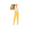 Loader in overalls holding two brown boxes on shoulder cartoon style
