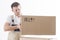 Loader in uniform puts cardboard box isolated on white background. Caucasian male relocation service worker holds box