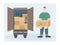 Loaders with cardboard boxes. Delivery team. The theme of movement, transportation and delivery of goods and cargo. Help in moving