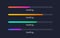 Loading bar collection. Loading status set. Color progress icons. Gradient lines on dark background. Web design elements