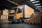 Loading cargo for trucks, distribution warehouses and industrial transport logistics loading cardboard boxes into trucks
