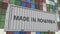 Loading container with MADE IN ROMANIA caption. Romanian import or export related 3D rendering