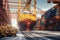 Loading a container ship at cargo berth of the seaport using port cranes. Containers are stacked and secured on board