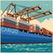 Loading containers by port cranes in retro poster style
