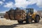 Loading logs with a special loader.Timber products warehouse on a specialized site