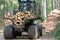 Loading logs on a truck trailer using a tractor loader with a grab crane. Transportation of coniferous logs to the sawmill.