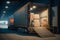 Loading packages and boxes on a truck cargo container with open back doors, Generative AI