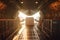 Loading transport aircraft in the hangar of cargo terminal. Inside view of the cargo hold of the aircraft during loading