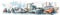 loading and unloading cargo ships in the port, concept watercolor banner illustration isolated on white, AI generative