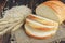 Loaf of bread and ears of grain on dark wooden background. Rustic and rural concept