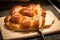 Loaf of challah bread being cut with knife.