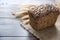 Loaf of fitness rye bread with ears of wheat on wooden board. Space for text