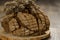 Loaf freshly baked bread on wooden table