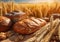 Loaf of freshly baked wheat bread with spica and wheat field background.Macro.AI Generative