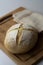 A loaf of homemade sourdough yeast bread boule with a simple cross style scoring technique on a wooden board