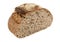 A loaf of rye or wheat bread with flax and sunflower seeds on a white background. Slice or piece of bread