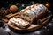 A loaf of stollen bread sitting on top of a cutting board.