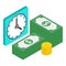 Loan management icon isometric vector. Clock stack of paper bill and golden coin