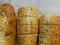 Loaves of garlic bread on white background