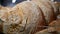 Loaves of rye farm bread lie on the wooden bakery shelf. Close-up shot. Shopping at the grocery store. Selling food