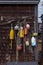 Lobster buoys hanging on a wooden barn wall