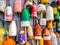 Lobster buoys on wall in Maine