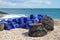 Lobster and crab pots on pebble beach