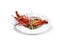 Lobster with mushrooms, chopped cucumbers, sliced green beans, carrots, green chillies. Food preparation isolated on white shades