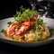 Lobster risotto close up. Delicous Lobster Risotto with parmesan and herbs, garnished with microgreens. Lobster restaurant dish.