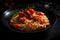 Lobster risotto with roasted cherry tomatoes on a black plate, traditional Italian cuisine food, generative AI