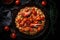 Lobster risotto with roasted cherry tomatoes on a black plate, traditional Italian cuisine food, generative AI