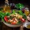 Lobster salad in a bowl made from grilled lobster tail and fresh lettuce and salad leaves with olive oil dressing on wooden