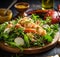 Lobster salad served on a wooden board with fresh arugula, radish, lettuce and topping on dark background. Crab meat salad close