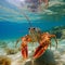 Lobster swimming underwater crawling on sea ocean bottom. Generative AI