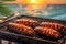 lobster tails cooking on bbq with beach background