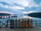 Lobster traps on the dock overlooking bay at dawn Maine summer