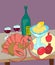 Lobster with wine, lemon and pomegranates still life with enjoy