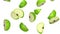 Lobules of green apple falling on white background, 3d illustration