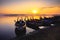 The local boat in taungthaman lake near U Bein bridge, The longest teak bridge in the world, Mandalay