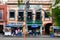 Local businesses at a colorful colonial building in Coyoacan in Mexico City