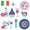 Local culture icons - Italy. Traditional italian cuisine icons, with pizza, spaghetti with fork, olive oil bottle, ice cream and