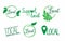 Local eco labels. Oganic green circle frames with leaves and branches, bio products stamps, ecology friendly emblem set support