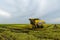 Local farmer uses machine to harvest rice on paddy field.