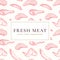 Local Fresh Meat Vector Label or Seamless Background Pattern. Hand Drawn Steak, Sausages, Chicken Leg and Wing Sketches