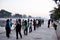 Local life lifestyle of burmese old women people group friends dancing exercise aerobic beside road at water moat canal of