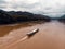 local Long tail boat in mekong river. top view, aerial view